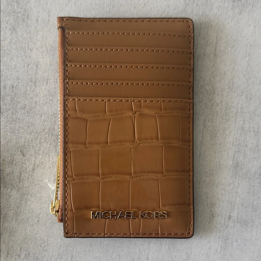 Michael Kors Logo Jet Set Travel Med Tan Croc-Embossed Card Holder Wallet